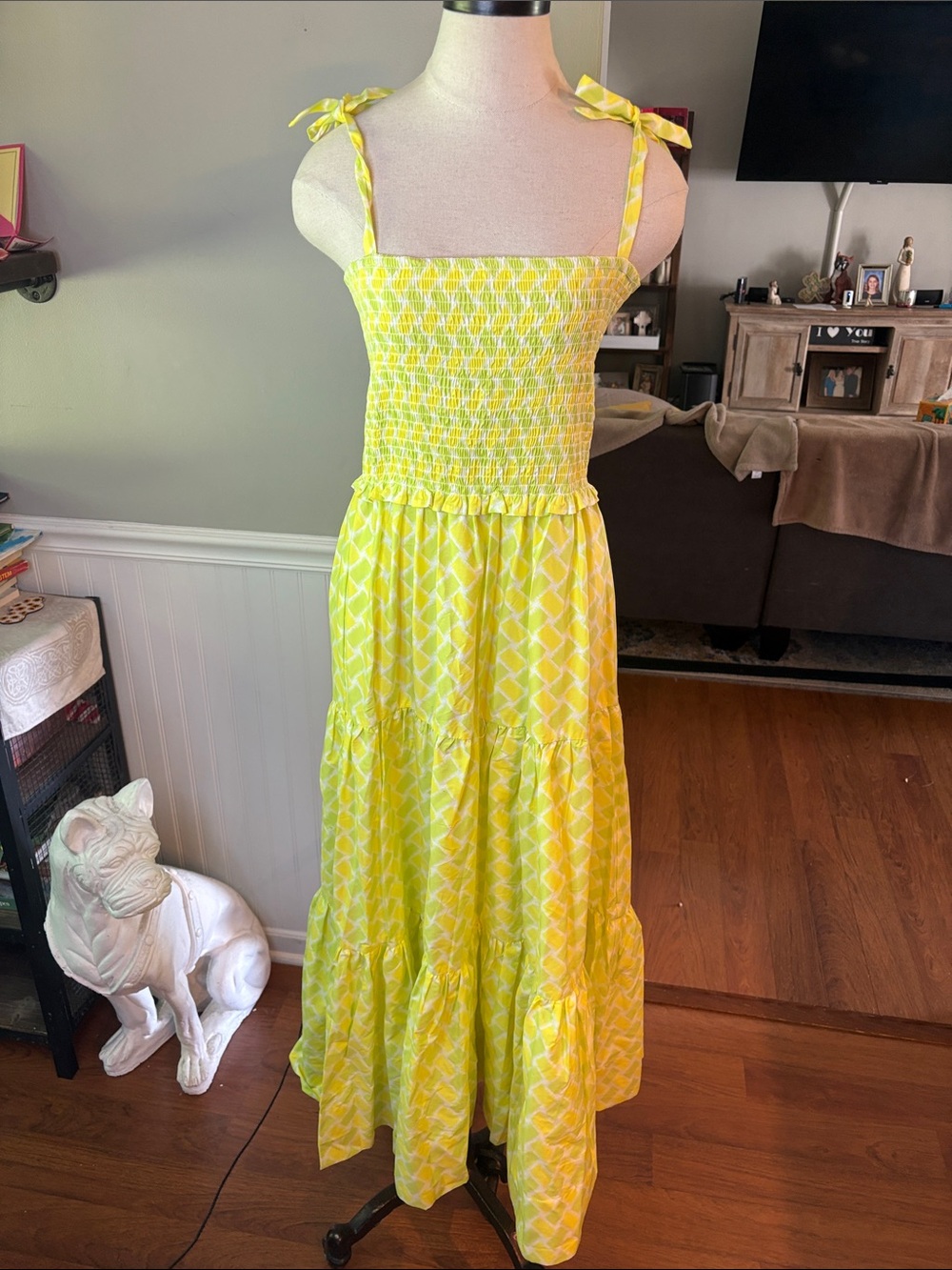 SOLID & STRIPED Yellow Smocked Tie-Shoulder Maxi Dress